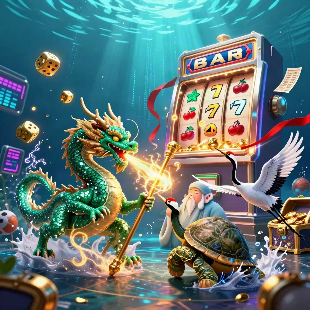 Jade dragon, turtle sage, and cranes amid casino symbols, glowing underwater neon chaos