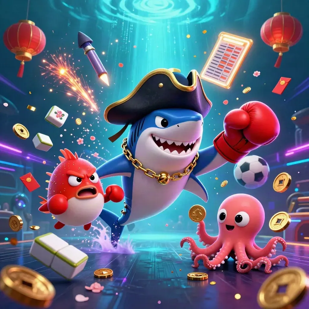 Neon underwater pirate shark, boxing pufferfish, and coin-juggling octopus amid casino treasures.