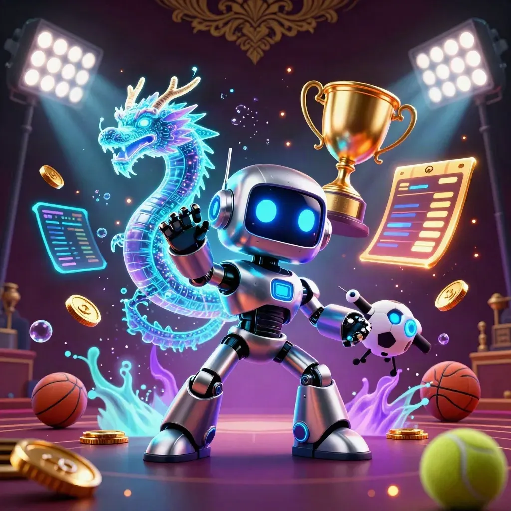Cyberpunk robot, holographic dragon and coin drone amid neon sports balls, trophy and casino glow.