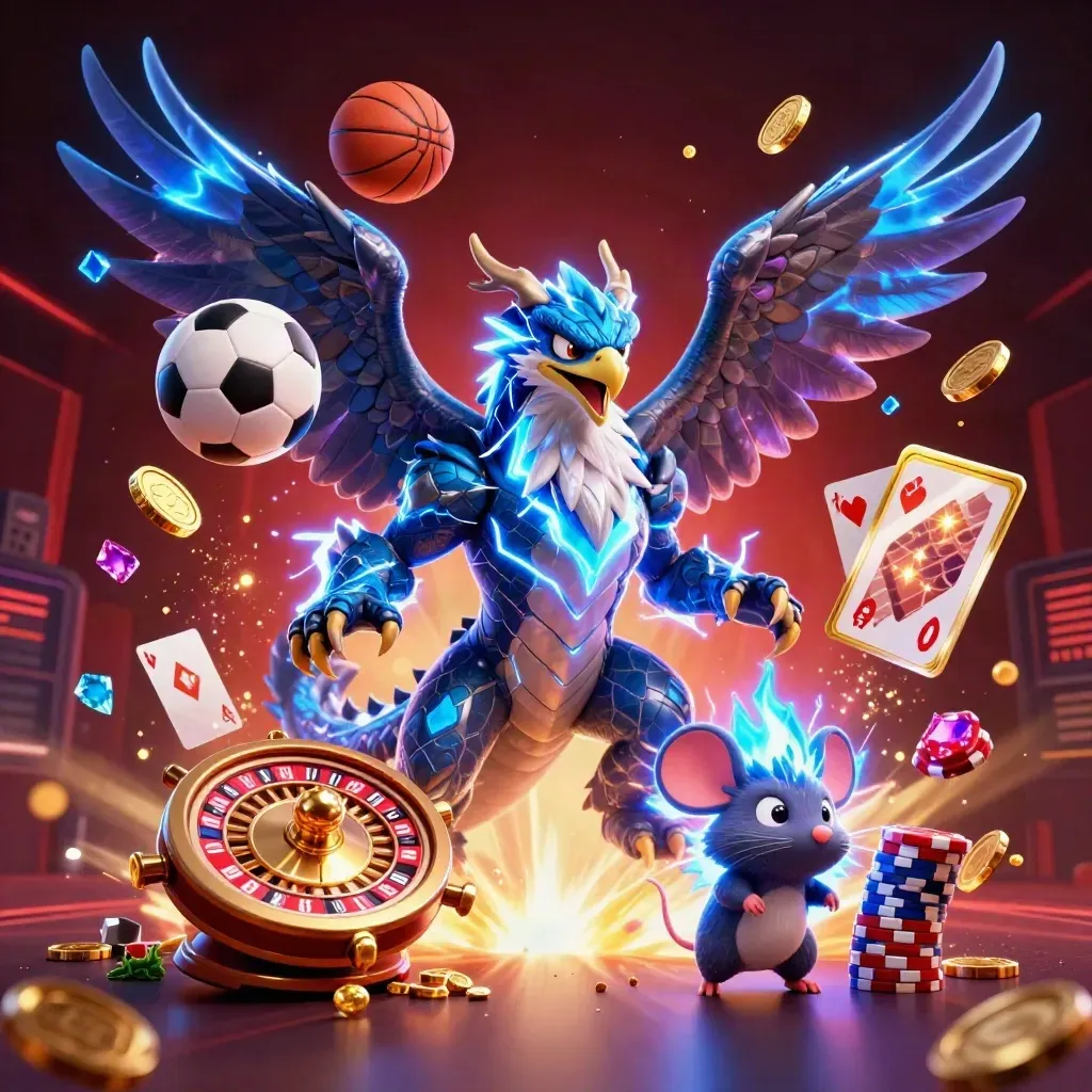 Thunder dragon, hawk, and mouse amid flying coins, chips, cards, balls, and a glowing scoreboard