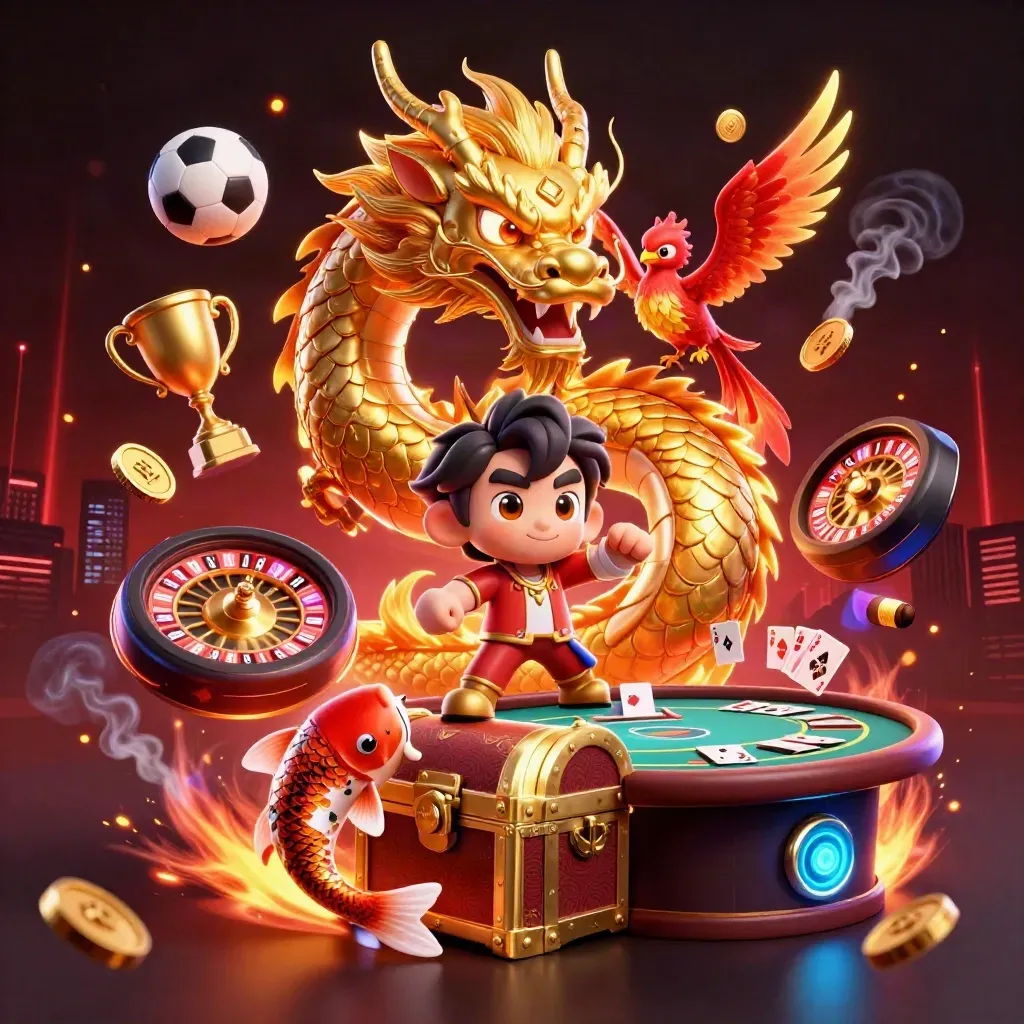 Golden dragon, phoenix, koi and casino props in a neon-lit luxury scene