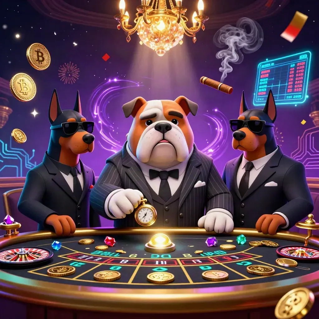 Mob bulldog and Dobermans amid neon casino wealth and crypto effects.