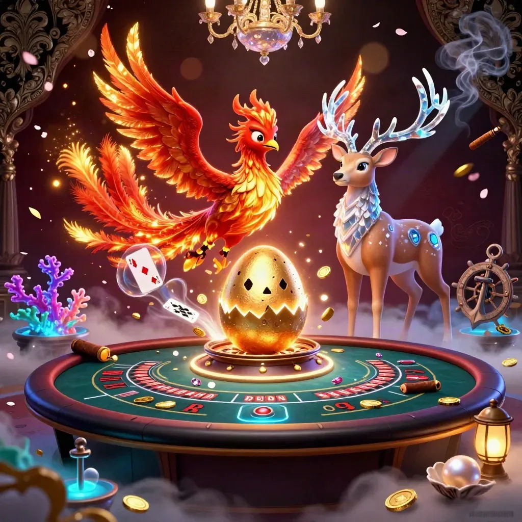 Phoenix, hatching chick, and crystal stag in a neon casino-cove with roulette, coral, and treasure.