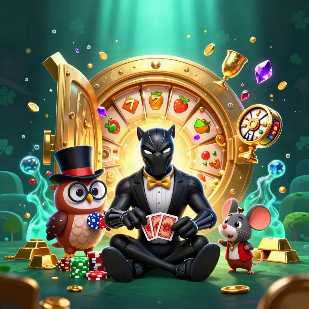 Panther, owl, and mouse in tuxedo amid an opening vault, gold, gems, reels, and cyan glow.