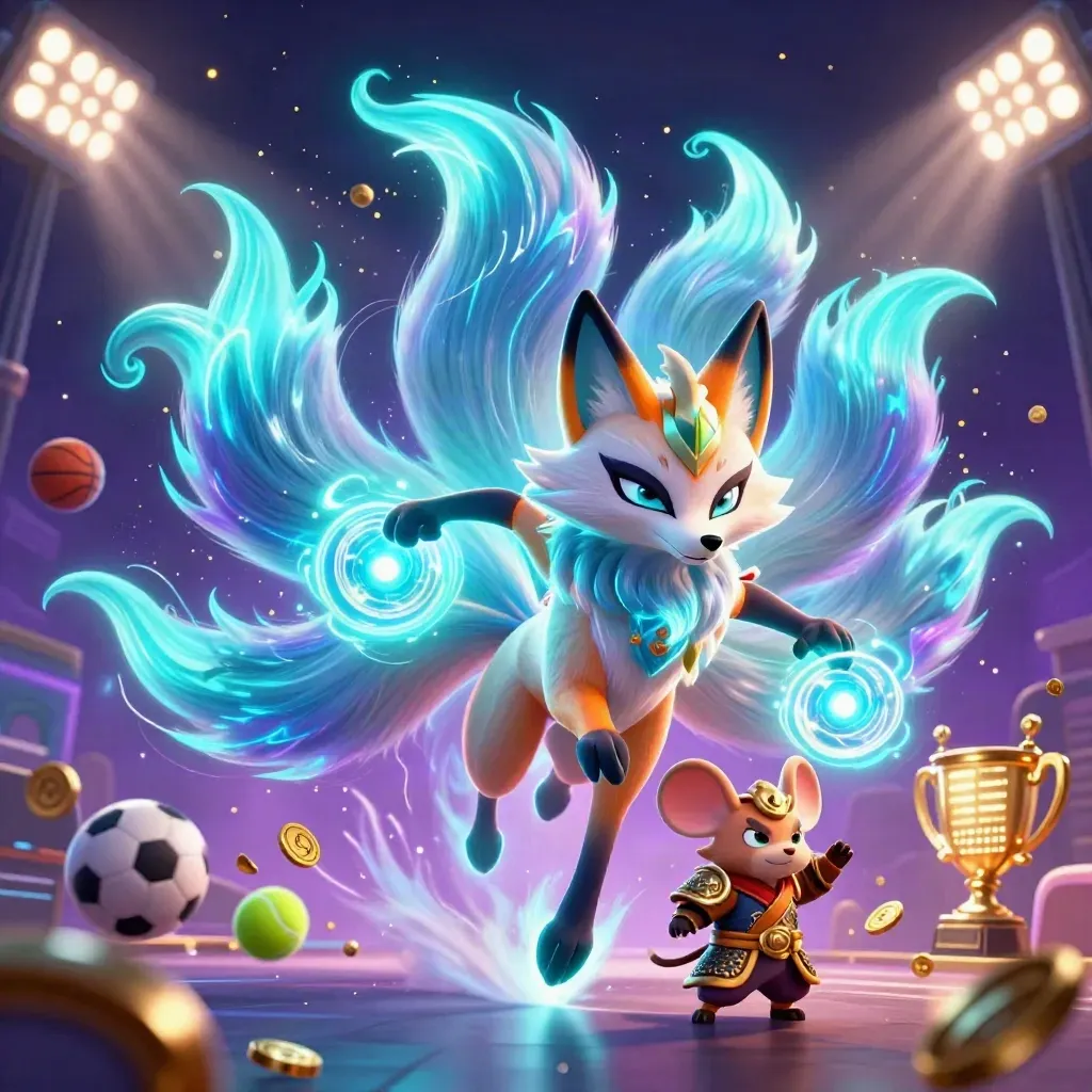 Neon fox spirit and golden mouse amid treasure, balls, trophy and cyan-violet casino energy.