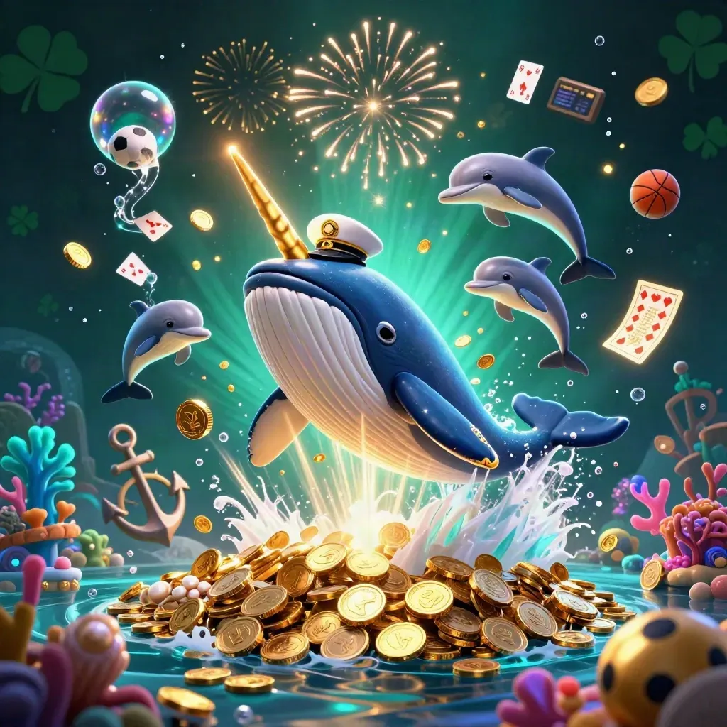 Neon whale captain, narwhal, and dolphins explode from coins in a glowing treasure cove.