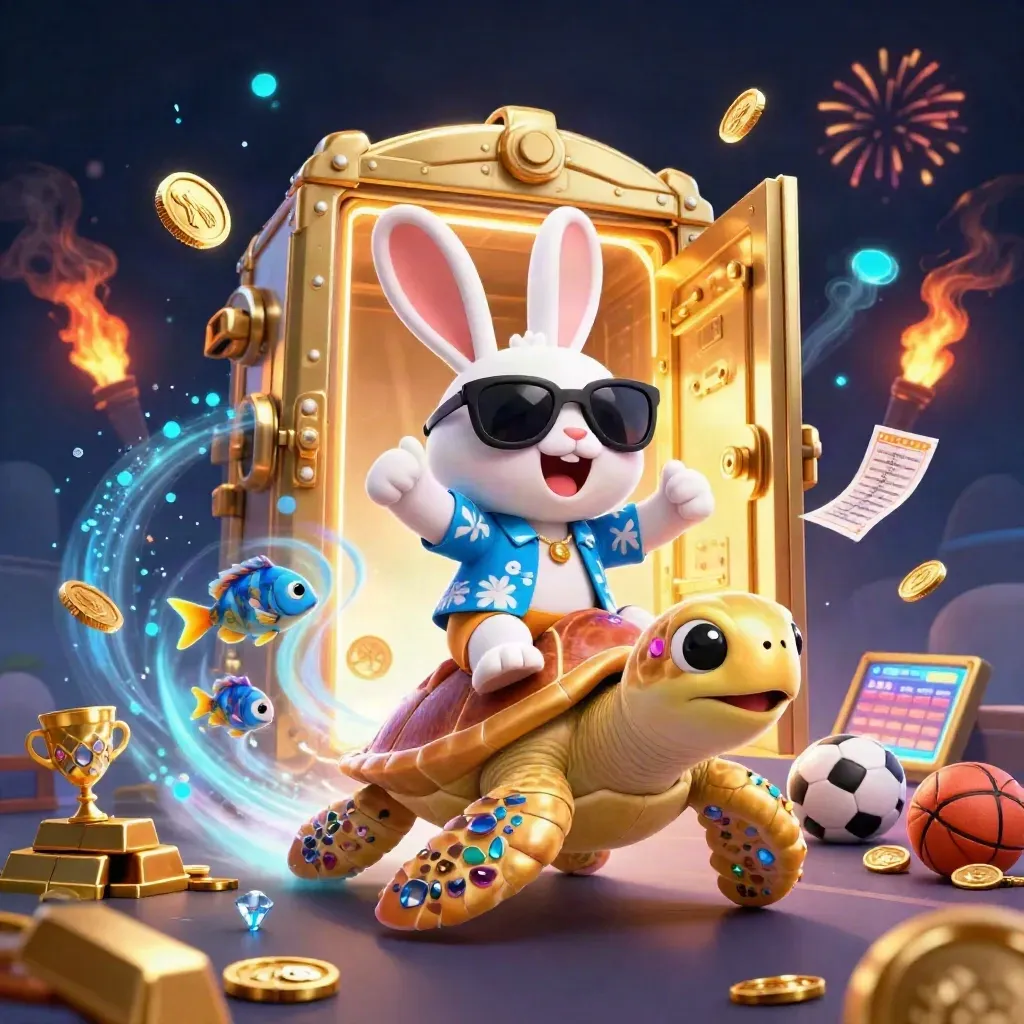 Lucky rabbit on a gem-shell sea turtle amid exploding gold, gems, and neon casino lights