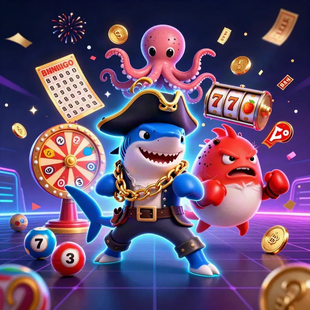 Pirate shark, boxing pufferfish, and juggling octopus amid neon casino symbols and fireworks.