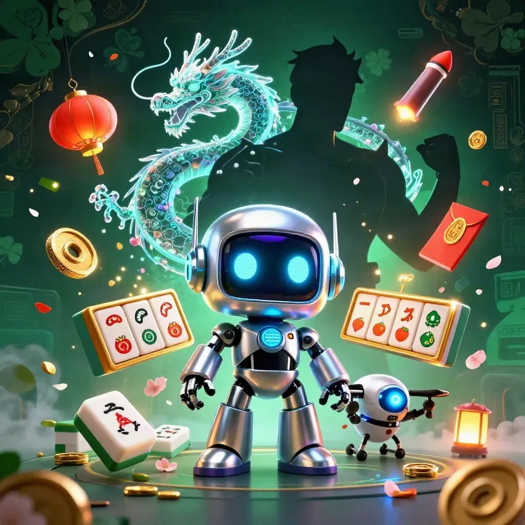 Cyberpunk robot, holographic dragon and coin drone amid neon casino luck symbols