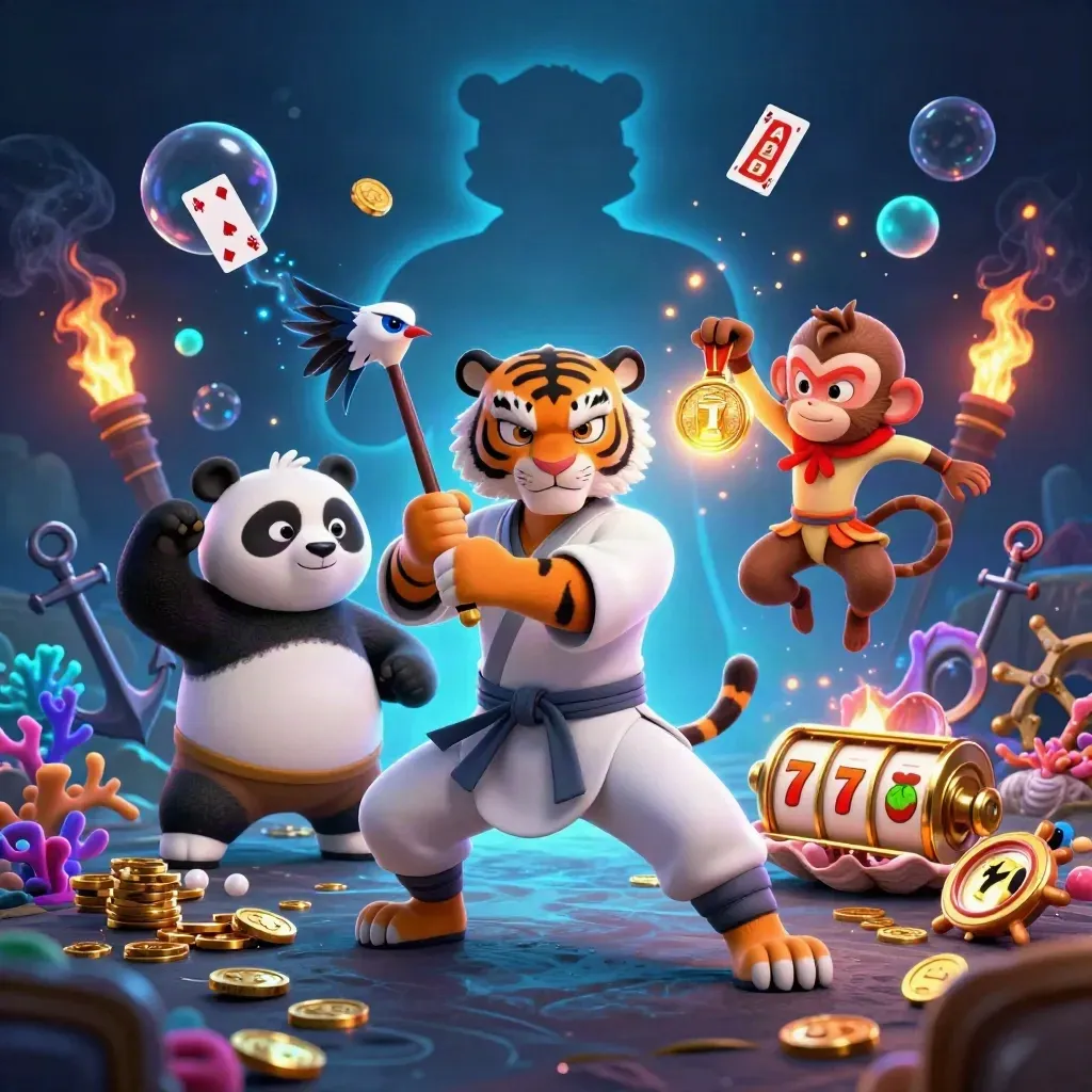 Kung-fu tiger, panda, and monkey in a neon treasure cove with coins, coral, cards, and reels.