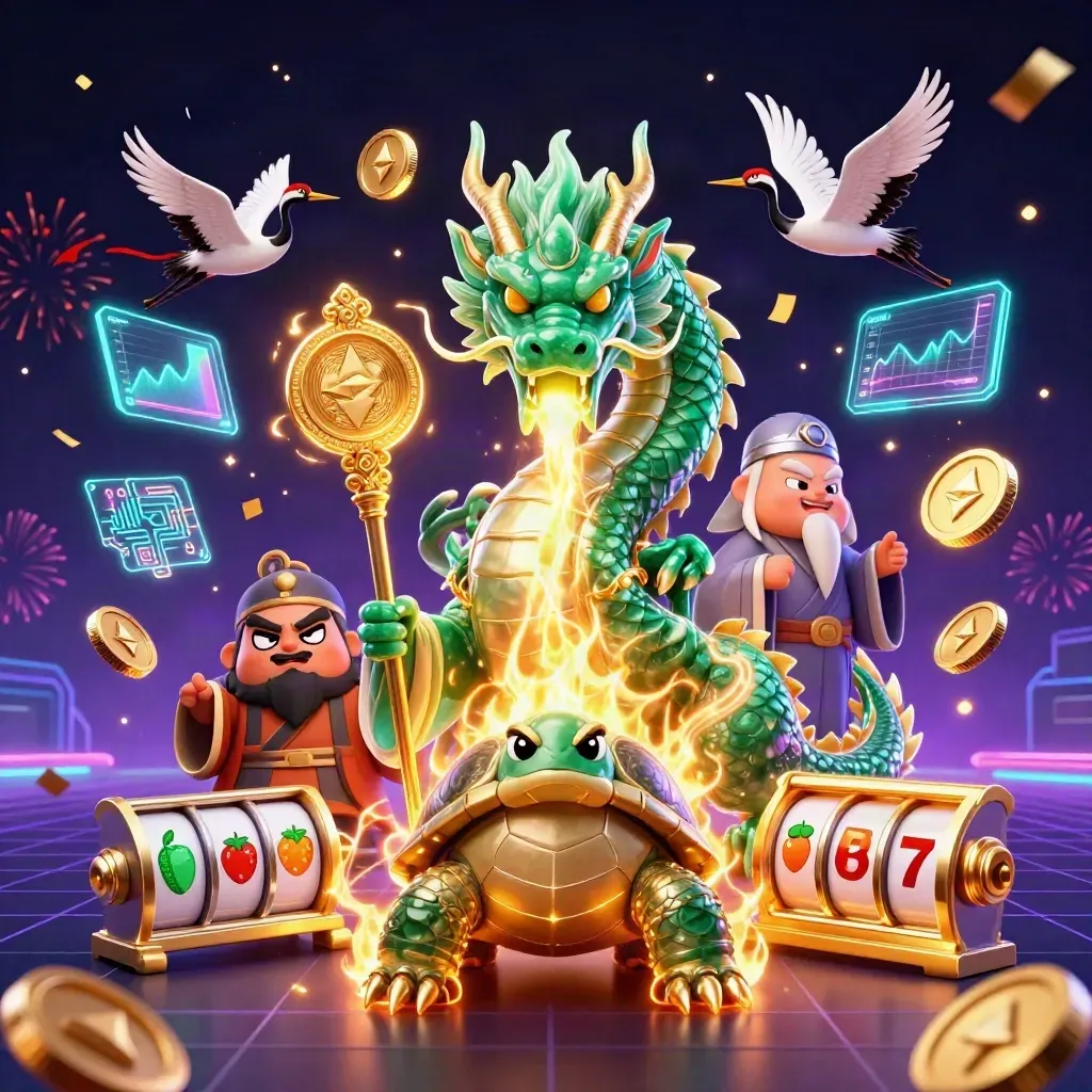 Jade dragon, turtle sage, and cranes amid neon coins, reels, lightning, and fireworks.