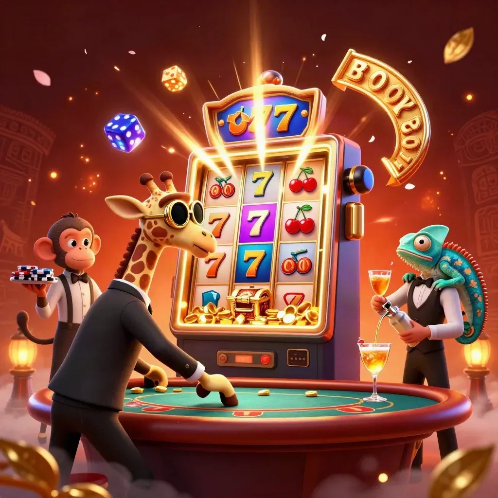 Neon casino scene with giraffe, monkey, and chameleon around an exploding slot machine.