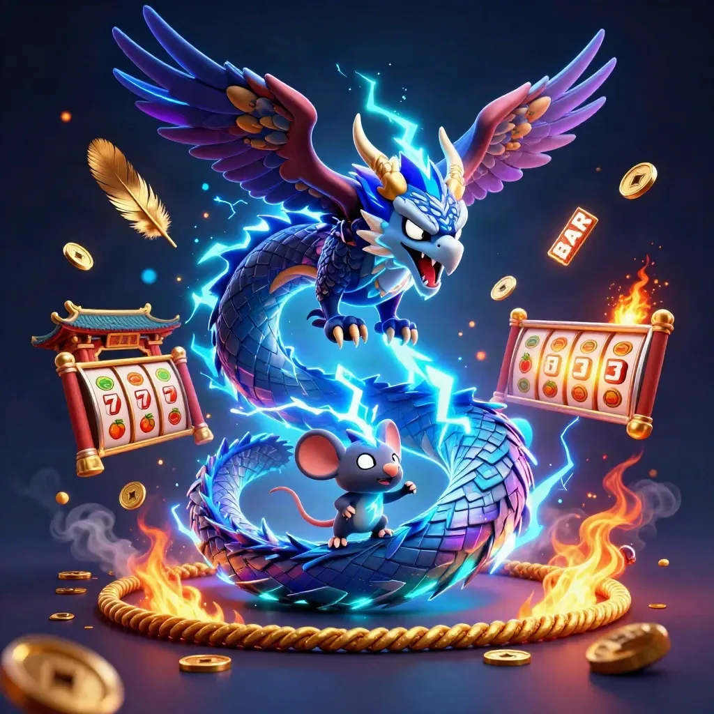 Thunder dragon with hawk and mouse amid casino reels, coins, and neon lightning